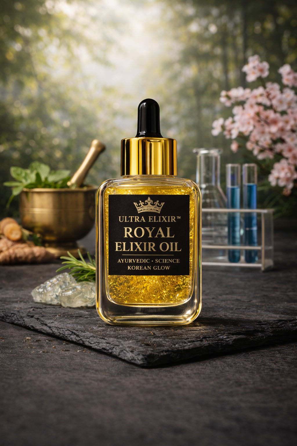 ULTRA ELIXIR™ Royal Glow Oil
24K Gold Luxury Facial Oil with THDA Vitamin-C, Sea Buckthorn CO₂, Squalane & Ayurvedic Infusion
(Night Repair • Anti-Aging • Korean Glow Finish)